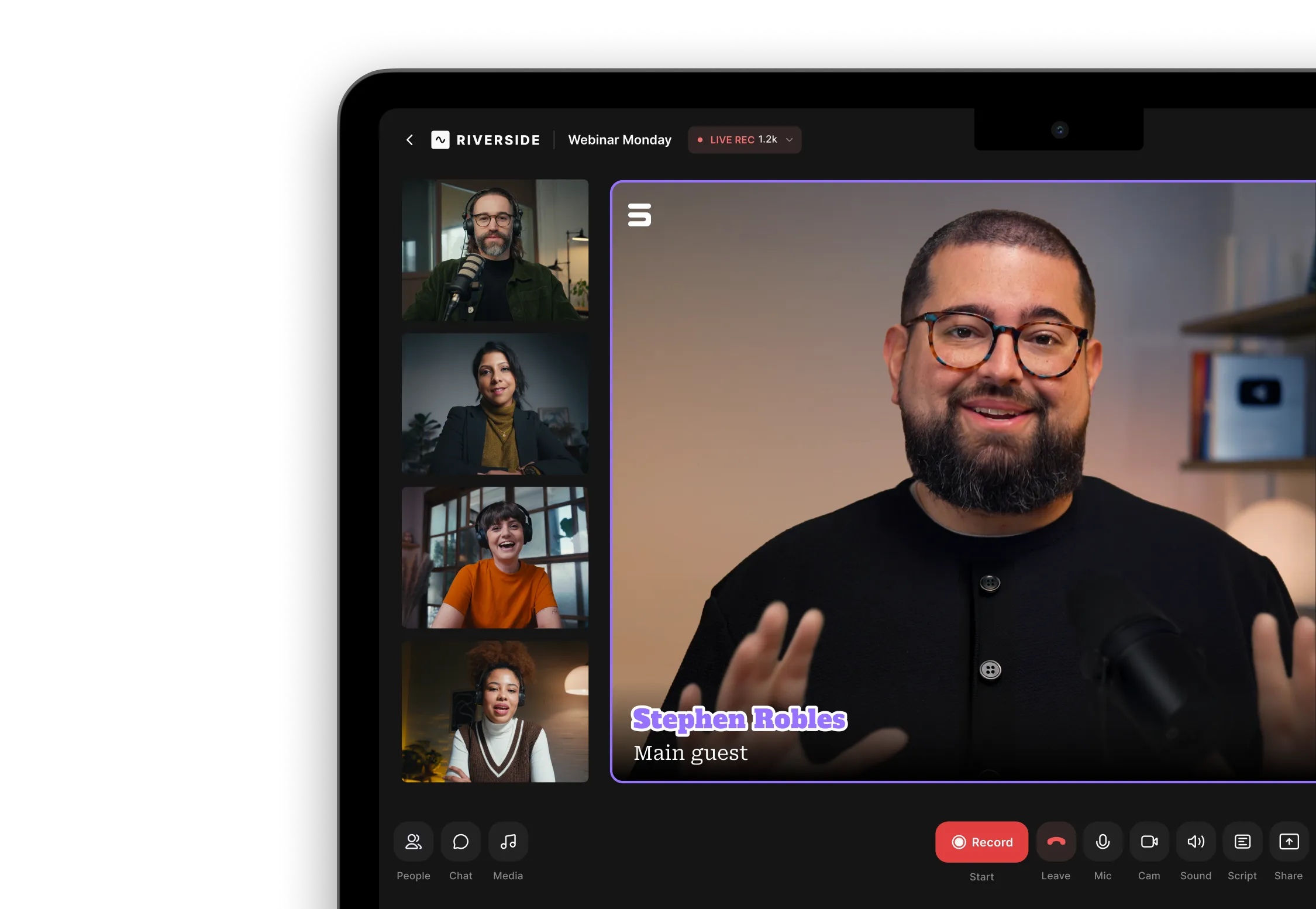 Video webinar on Riverside with four participants on the left and main guest Stephen Robles speaking on the right.